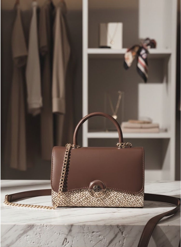 FUMES Coffee brown Women’s Handbag – Smooth Finish with Patterned Fabric Panel, Structured Top Handle & Chain Strap, Elegant Office & Evening Bag - Image 1